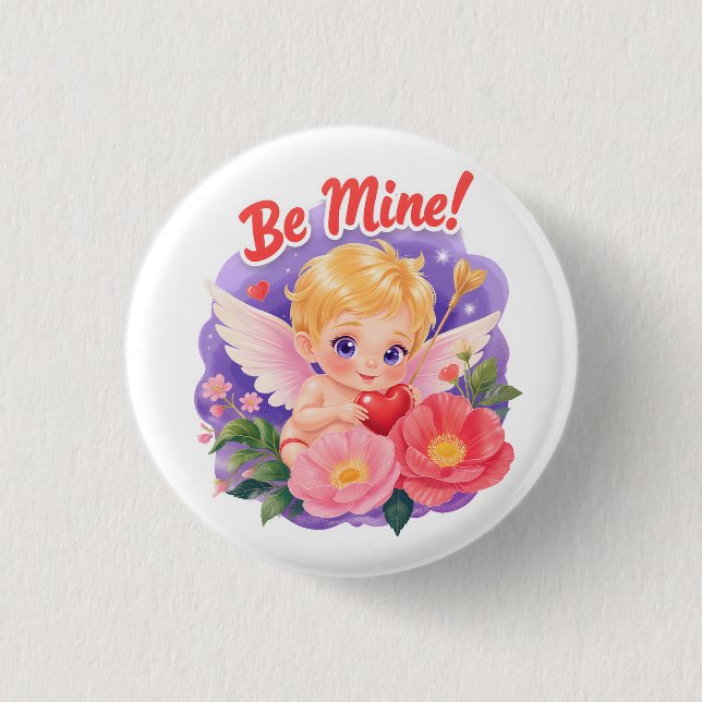 Cute Valentine's Day Cupid with "Be Mine" 3 Cm Round Badge (Front)
