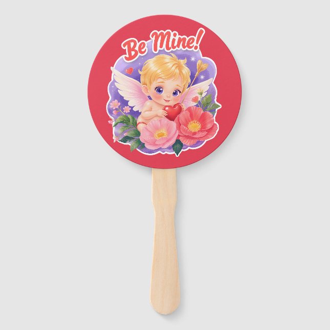 Cute Valentine's Day Cupid with "Be Mine" Hand Fan (Front)