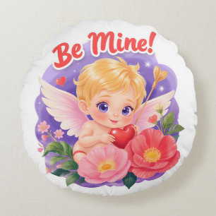 Cute Valentine's Day Cupid with "Be Mine" Round Cushion