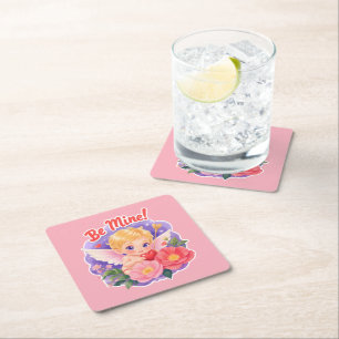 Cute Valentine's Day Cupid with "Be Mine" Square Paper Coaster