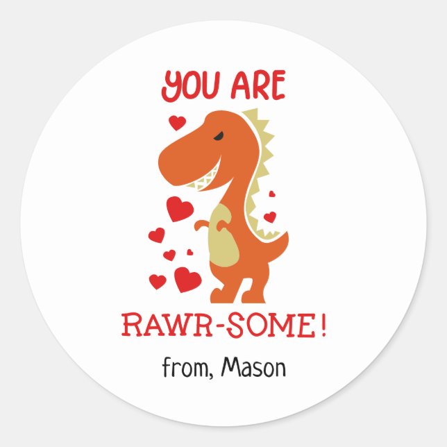 Cute Valentine's Day Dino Classic Round Sticker (Front)