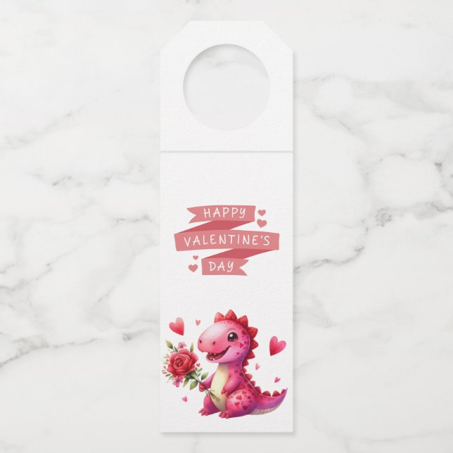 Cute Valentine's day dinosaur Bottle Tag (Front)