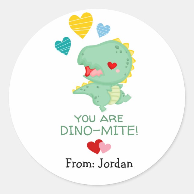 Cute Valentine's Day Dinosaurs and Hearts Classic Round Sticker (Front)