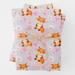 Cute Valentine's Day Fox with Hearts Wrapping Paper Sheet