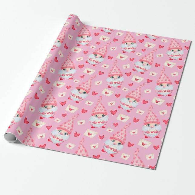 Cute Valentine's Day Gnomes Pink   Wrapping Paper (Unrolled)