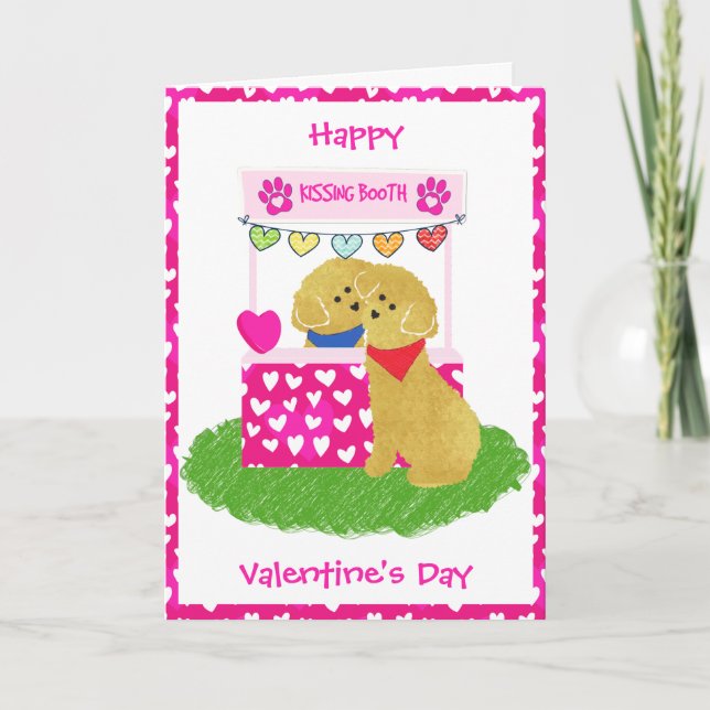 Cute Valentine's Day Goldendoodles Kissing Booth Holiday Card (Front)