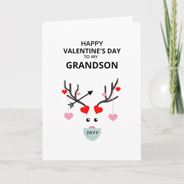 Cute Valentines Day Grandson Hearts Love Deer  Holiday Card (Front)