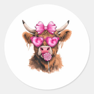 Cute Valentines Day Heart Highland Cow Women Girls Classic Round Sticker