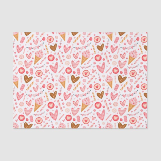 Cute Valentine's Day Hearts, Candy and Ice Cream  Tissue Paper (Front)
