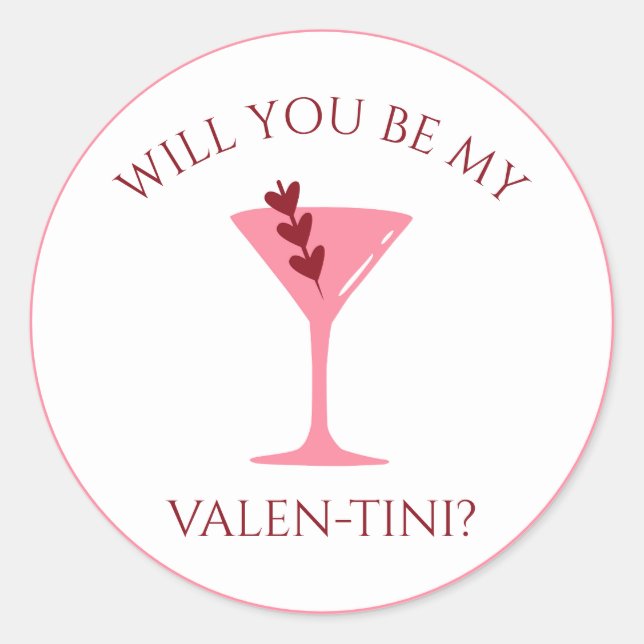 Cute Valentines Day Martini Aesthetic Red & Pink  Classic Round Sticker (Front)