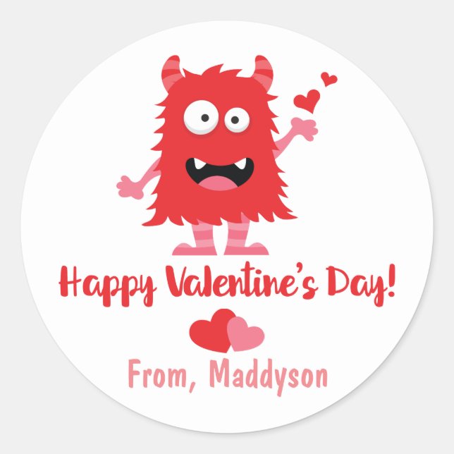 Cute Valentine's Day Monster and Hearts Classic Round Sticker (Front)