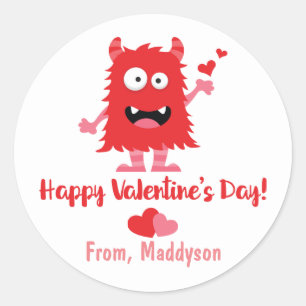 Cute Valentine's Day Monster and Hearts Classic Round Sticker