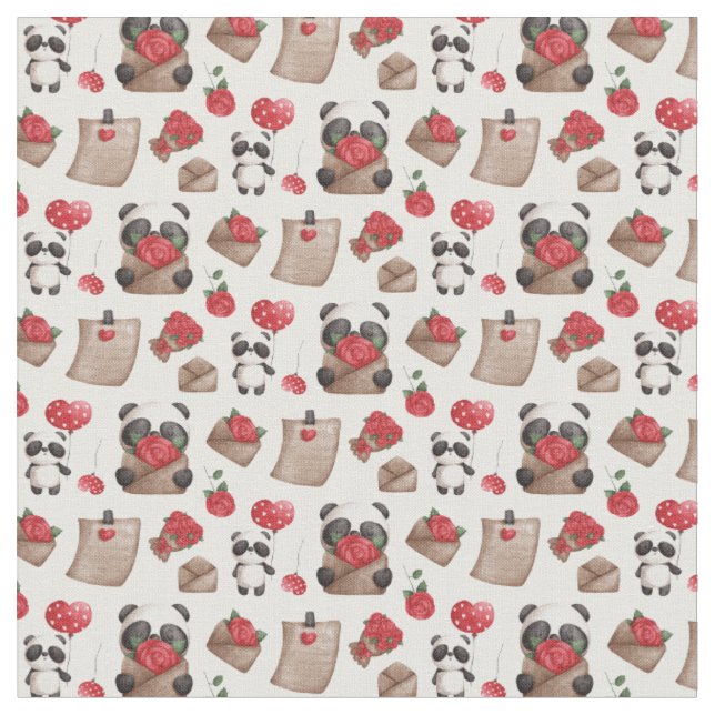 Cute Valentine's Day Panda Bear Love Pattern  Fabric (Close Up)