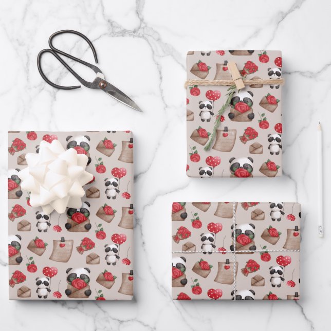 Cute Valentine's Day Panda Bear Love Pattern Wrapping Paper Sheet (Front)