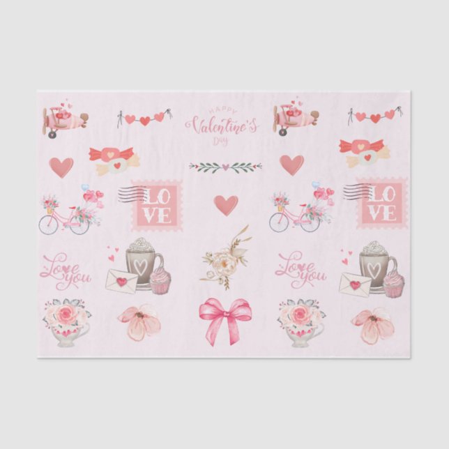 Cute Valentine's Day Pastel Colours Collage Pink  Tissue Paper (Front)