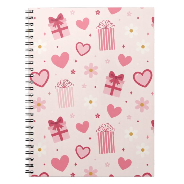 Cute Valentine's Day Pattern Pink Hearts and Gifts Notebook (Front)