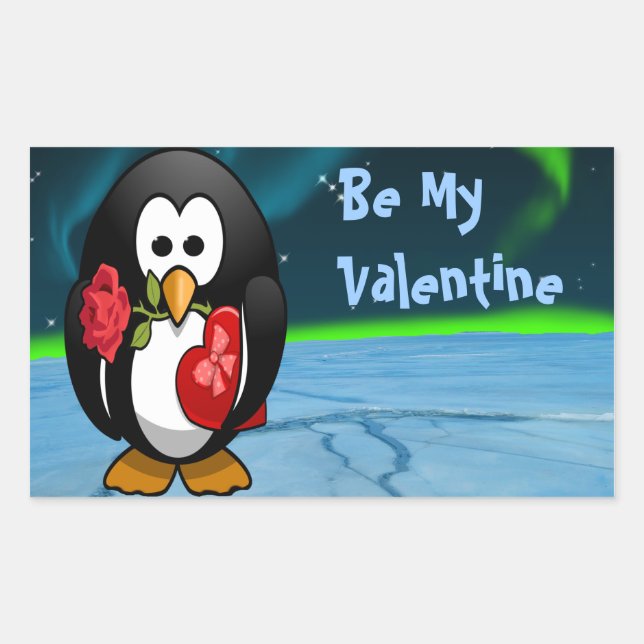 Cute Valentine's Day Penguin Funny Cartoon Rectangular Sticker (Front)