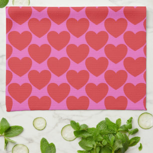Cute Valentine's Day Pink and Red Heart Pattern Tea Towel