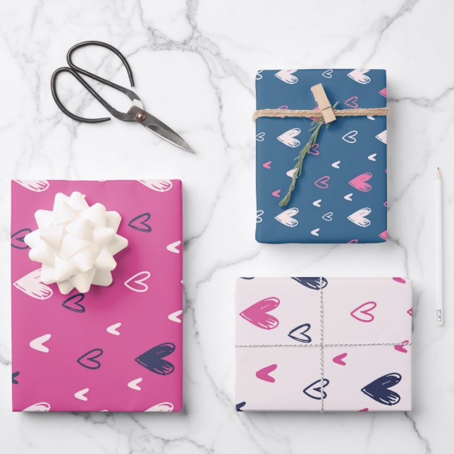 Cute Valentine's Day Pink Blue Heart Pencil Doodle Wrapping Paper Sheet (Front)