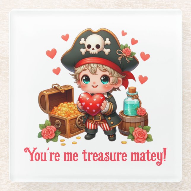 Cute Valentine's day pirate Glass Coaster (Front)