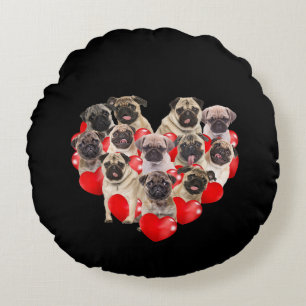 Cute Valentines Day Pug Dog Heart Puppy Round Cushion