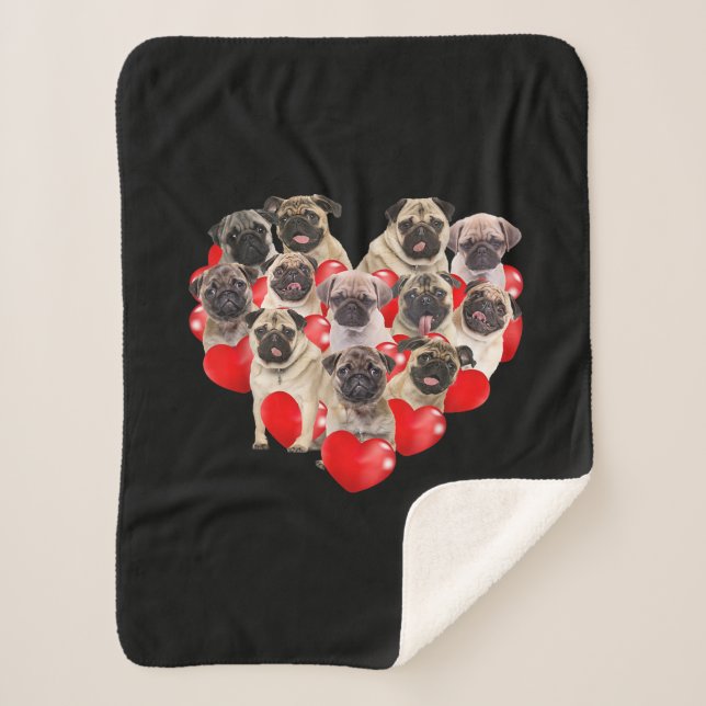 Cute Valentines Day Pug Dog Heart Puppy Sherpa Blanket (Front)