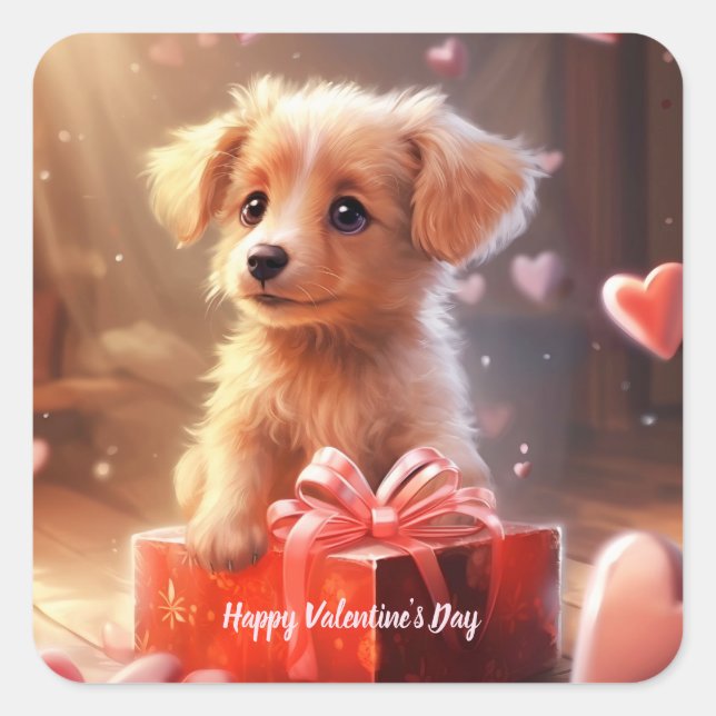 Cute Valentine's Day puppy postcard Square Sticker (Front)