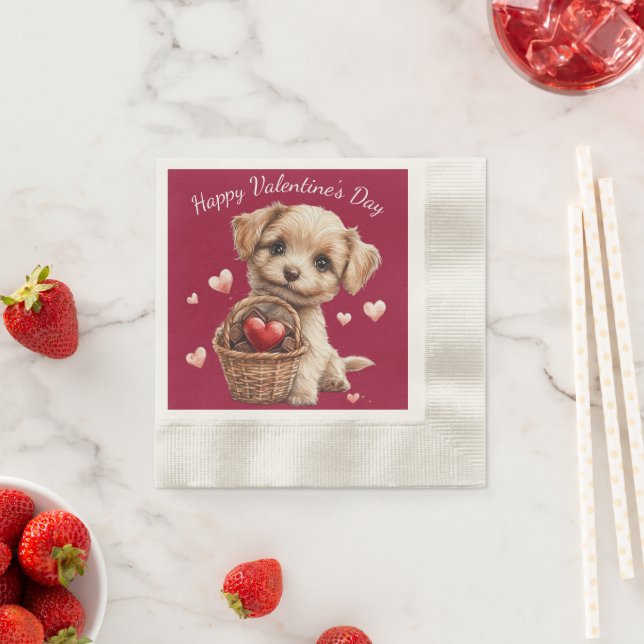 Cute Valentine's Day Puppy Red Hearts Napkin (Insitu)