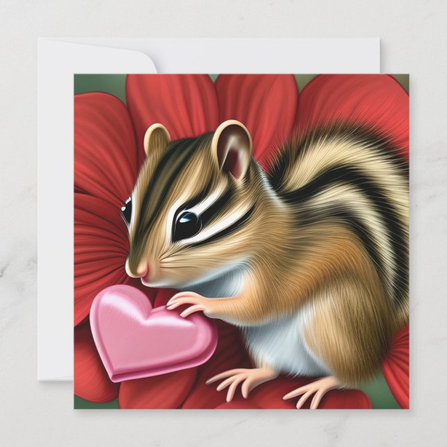 Cute Valentine's Day Squirrel Holding a Pink Heart Holiday Card (Front)