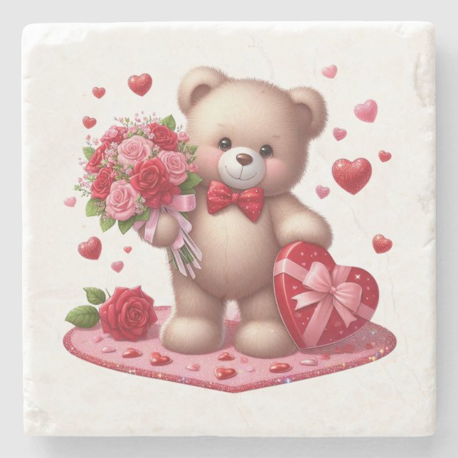 Cute Valentine's Day Teddy Bear Stone Coaster (Front)