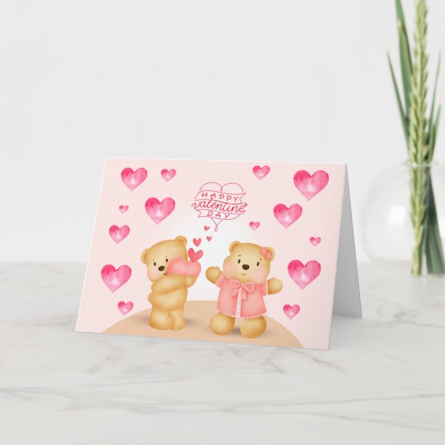 Cute Valentine's Day Teddy Bears with Hearts Postc Card (Front)