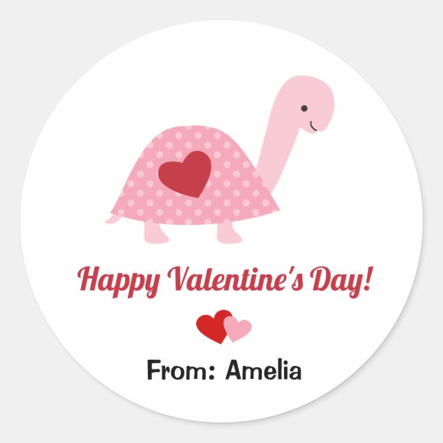 Cute Valentine's Day Turtle and Hearts (Pink Red) Classic Round Sticker (Front)