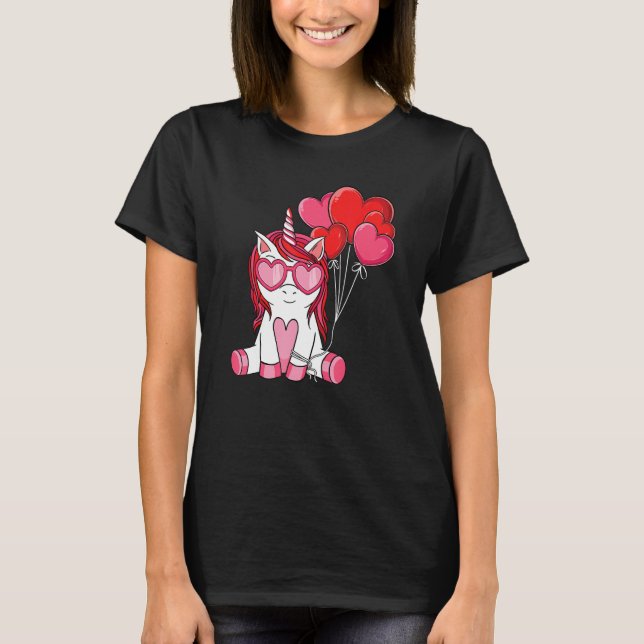 Cute Valentine's Day Unicorn  Heart Balloon Girls  T-Shirt (Front)