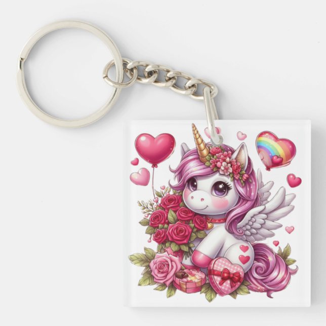 Cute Valentine's day unicorn Key Ring (Front)