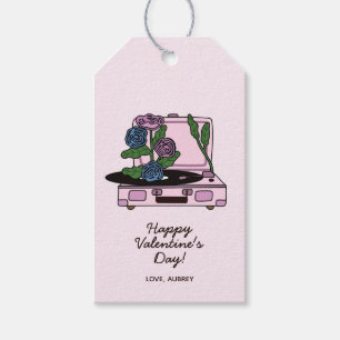 Cute Valentines Day Vinyl Record Player and Roses Gift Tags