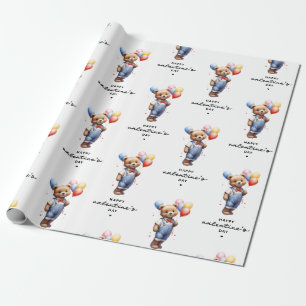 Cute Valentines Day Watercolor Bear With Balloons Wrapping Paper
