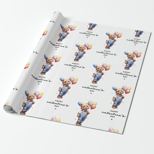 Cute Valentines Day Watercolor Bear With Balloons Wrapping Paper (Unrolled)