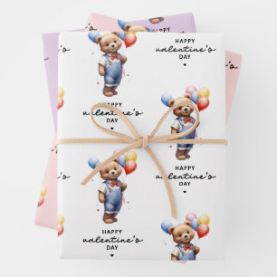 Cute Valentines Day Watercolor Bear With Balloons Wrapping Paper Sheet