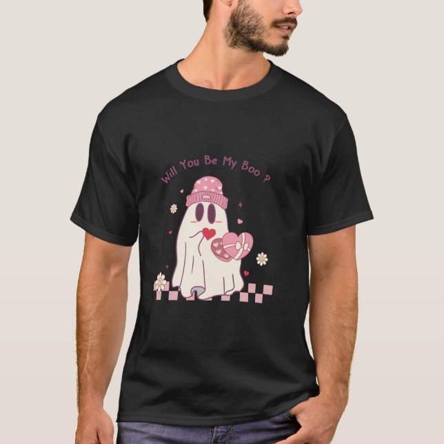 Cute Valentines Ghost Will You Be My Boo Hat Candy T-Shirt (Front)
