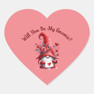 Cute Valentines Gnome with Hearts and Roses  Heart Sticker
