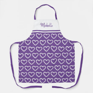 Cute Valentines Purple White Heart Pattern Name Apron
