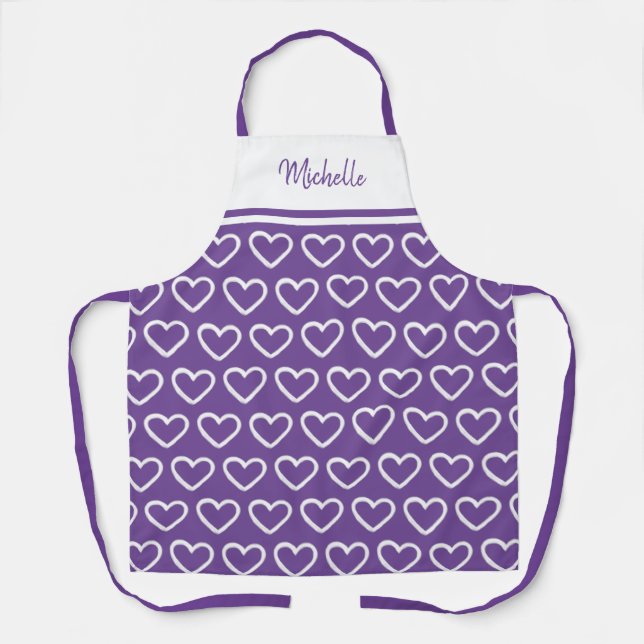 Cute Valentines Purple White Heart Pattern Name Apron (Front)