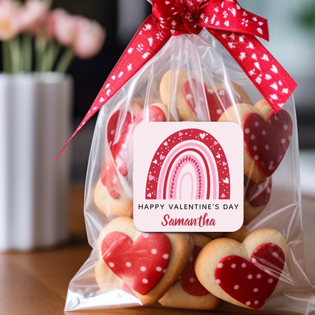 Cute Valentines Rainbow Personalised Square Sticker (Cute Valentines Rainbow Personalized Square Sticker)