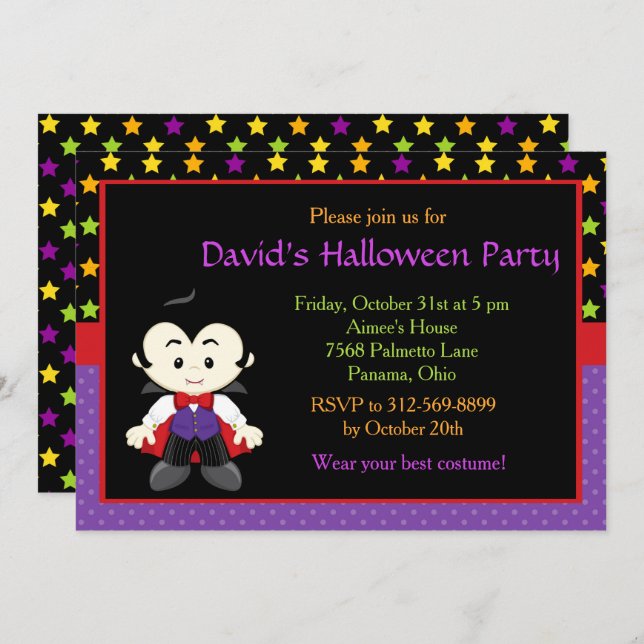 Cute Vampire Boy Halloween Costume Party Invitation (Front/Back)