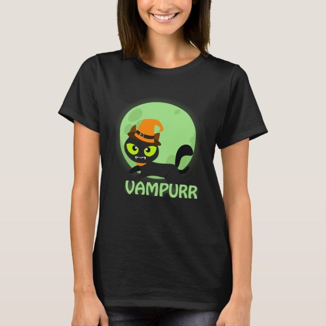 Cute Vampire Cat Halloween Vampurr T-Shirt (Front)