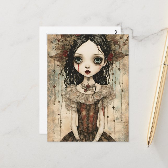 Cute Vampire Doll Mixed Media Postcard (Front/Back In Situ)