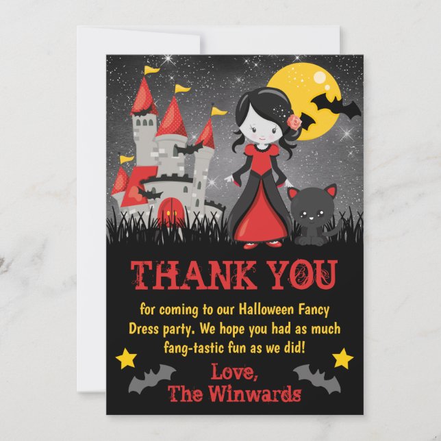 Cute Vampire Girl and Castle Halloween Thank You Card (Front)