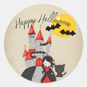 Cute Vampire Girl and Haunted Castle Halloween Classic Round Sticker