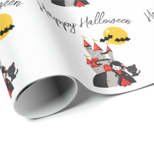 Cute Vampire Girl and Haunted Castle Halloween Wrapping Paper
