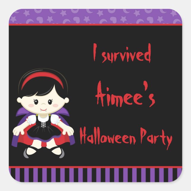 Cute Vampire Girl Halloween 'I Survived' Square Sticker (Front)
